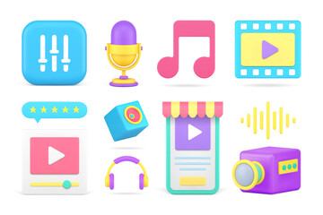 Poster - Cyberspace entertainment multimedia content broadcasting digital technology set 3d icon vector