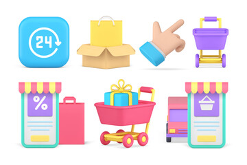 Poster - Internet shopping sale grocery store online supermarket goods delivery set 3d icon realistic vector