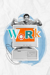 Poster - Creative template photo collage of young guy business worker direct fingers retro computer monitor oldschool job isolated on white background