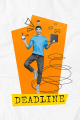 Aufkleber - Composite collage of young office manager working guy deadline timer schedule planning his job hold netbook isolated on drawn background