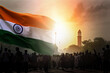 A flag of india is being held in front of a lighthouse. Generative AI
