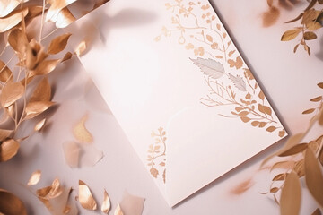 Wall Mural - A pink envelope with gold foil and leaves. Invitation card blank mock up. Generative AI