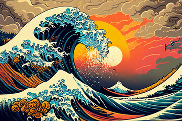 Japan style sea wave at the sunset background. Generative AI.