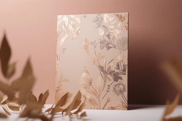 Wall Mural - A gold and grey floral print sits on a white table next to a pink wall. Generative AI