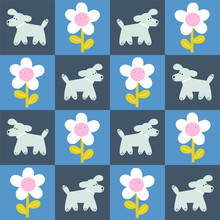 Seamless Pattern With Dog And Flower. Childish Funny Checkerboard Print. Vector Hand Drawn Illustration.