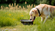 Golden labrador retriever dog drinking water from dog bowl in meadow on hot summer day walking, pet love and care generative AI