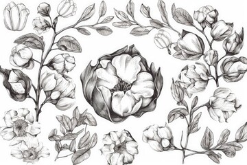 Poster - Illustration of flowers and leaves drawn with a pencil created with Generative AI technology