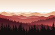 Vector nature landscape with red silhouettes of mountains and forest