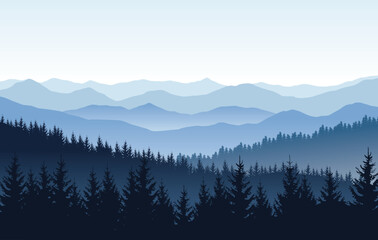 Wall Mural - Vector nature landscape with blue silhouettes of mountains and forest