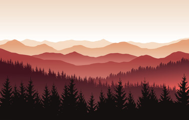 Wall Mural - vector nature landscape with red silhouettes of mountains and forest