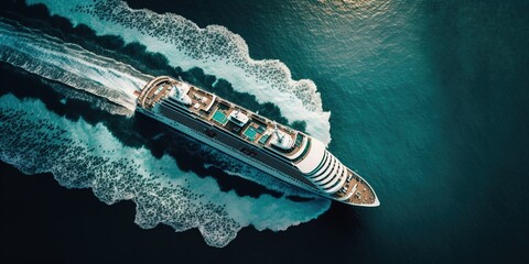 Overhead view of a modern cruise ship in a calm sea with crystal clear water. Generative AI