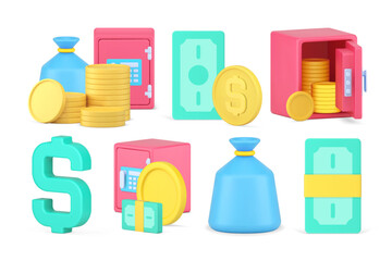 Poster - Banking financial cash money safe storage protective rich secure investment set 3d icon vector