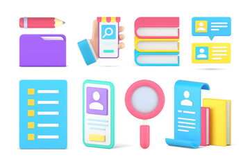 Poster - Searching information browsing internet paperwork library education knowledge set 3d icon vector
