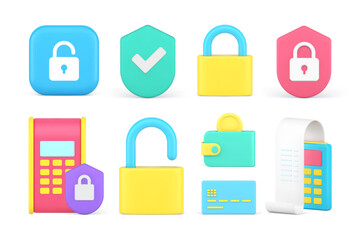 Poster - Banking protect payment storage savings investment safety verification access set 3d icon vector