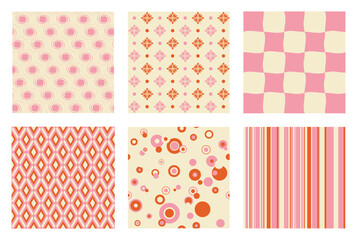 Wall Mural - Retro seamless patterns vector set. Abstract warm color vintage 70s groovy backgrounds