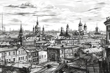 Poster - detailed and intricate cityscape in black and white created with Generative AI technology