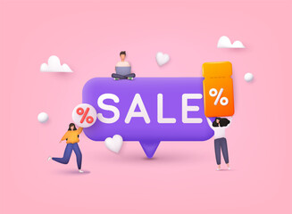 People Characters shop at an online store. Discount banner design. Online shopping concept. 3D Web Vector Illustrations.