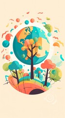 Celebrate Earth Day with a captivating hand-drawn illustration featuring a colorful planet and environmental symbols. Boasting soft colors, bold outlines, and cel shading in a cartoon style.