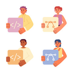 Poster - Web development careers flat concept vector spot illustration pack. Editable 2D cartoon characters on white for web design. Programmers and designers creative ideas set for website, mobile, magazine