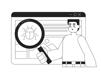 Fototapete - Debugging web application black and white concept vector spot illustration. Editable 2D flat monochrome cartoon character for web design. Developer creative line art idea for website, mobile, blog