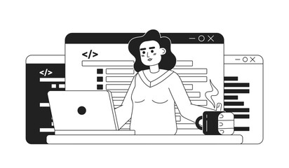 Fototapete - Writing code job black and white concept vector spot illustration. Editable 2D flat monochrome cartoon character for web design. Software programming creative line art idea for website, mobile, blog