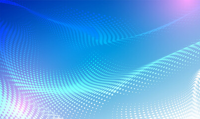 Poster - Vector wave of white particles on blue background. Technology backdrop. Pattern for presentations. 3D glowing abstract digital wave particles. Digital future technology concept. Vector illustration
