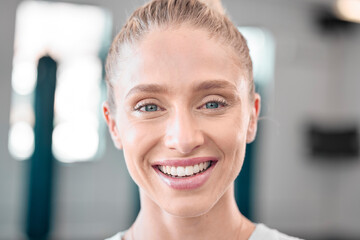 Wall Mural - Woman, fitness and face, happy in gym and portrait with motivation, exercise and training at sports club. Health, active lifestyle and headshot with female and smile with workout and wellness