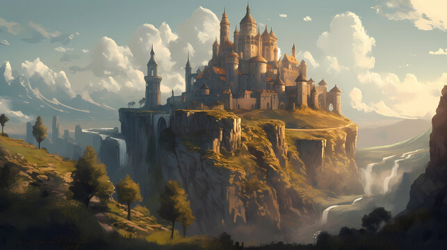 a giant castle, with towering walls and turrets. digital art illustration. generative ai.