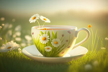 Cup Of Tea With Flowers On A Summer Meadow. Generative Ai