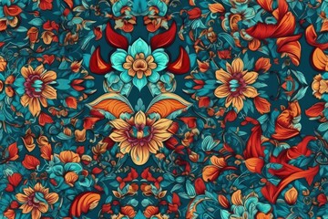 Poster - floral pattern with blue and orange flowers created with Generative AI technology