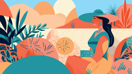 Abstract art summer beach  background vector. Modern shape line art wallpaper.