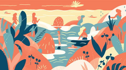 Abstract art summer beach  background vector. Modern shape line art wallpaper.