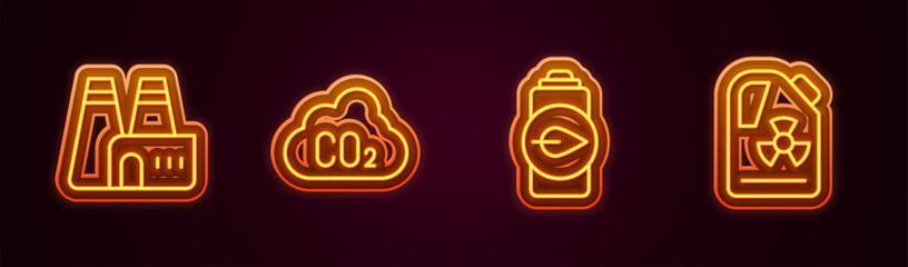 Poster - Set line Factory production, CO2 emissions in cloud, Eco nature leaf battery and Radioactive waste barrel. Glowing neon icon. Vector