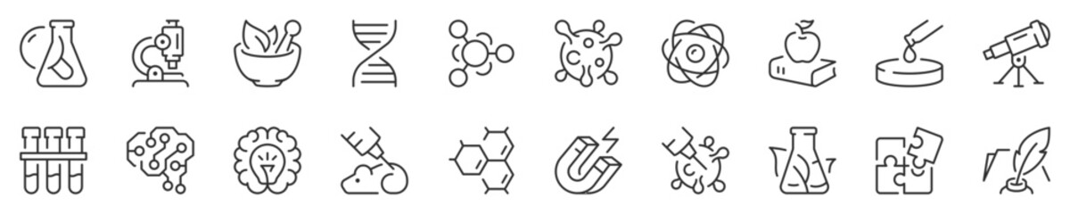 Sciences thin line icon set. Symbol collection in transparent background. Editable vector stroke. 512x512 Pixel Perfect.