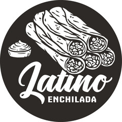 Wall Mural - Mexican enchilada vector food with meat and rolled tortilla. Mexico logo or emblem of traditional enchilada or latin food.