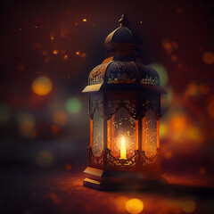 Wall Mural - Lantern with a candle inside on a dark background, flickering light, luminescence, glowing lights, islamic wallpaper, ramadan background generated ai