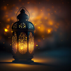 Wall Mural - Lantern with a candle inside on a dark background, flickering light, luminescence, glowing lights, islamic wallpaper, ramadan background generated ai