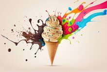 An Ice Cream Cone With Sprinkles Of Chocolate And Sprinkles Of Sprinkles, A Photorealistic Painting, Conceptual Art, Color Splashes, Wallpapers, Created With Generative AI Technology