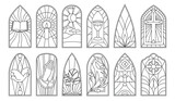 Fototapeta Pokój dzieciecy - Stained glass vector outline icon set . Collection vector illustration window church on white background. Isolated outline icon set stained glass for web design.