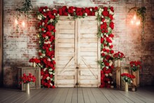 Vintage Valentine And Wedding Day Background With A Door Surrounded By White And Red Roses Generative AI Illustration