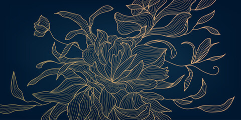 Vector art deco luxury flower line pattern, golden line background. Hand drawn wavy plants for packaging, social media post, cover, banner and wall arts. Japanese style