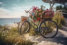 A Painting Of A Bicycle With A Basket Full Of Flowers On The Front Of The Bike, On A Path To The Beach, With A Cloudy Sky And Sea In The Background. Generative Ai