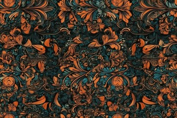 Sticker - black background with an orange and blue floral pattern created with Generative AI technology