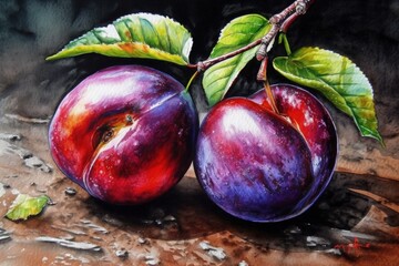 Poster - Illustration of Two Plums with Green Leaves in a Painting created with Generative AI technology