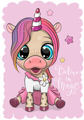 Wall Mural - cartoon unicorn in dress with a pink mane
