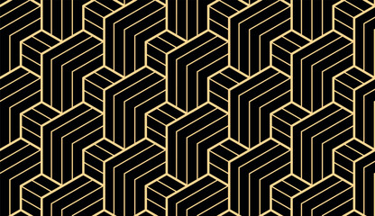 Abstract geometric pattern with stripes, lines. Seamless vector background. Gold and black ornament. Simple lattice graphic design