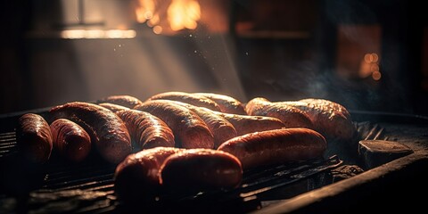 Grilled sausages on the grill plate, outdoors. Grilling food. Sausages on  the grill plate and dark background. Generative AI