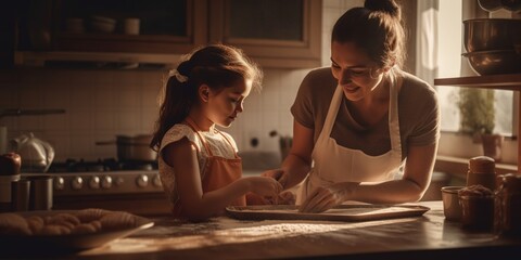 Mother and daughter helping each other to cook in the kitchen happily, they are laughing and smiling. Mom teaches a cute child to cook. Family teamwork. Homemade food and little helper. Generative AI