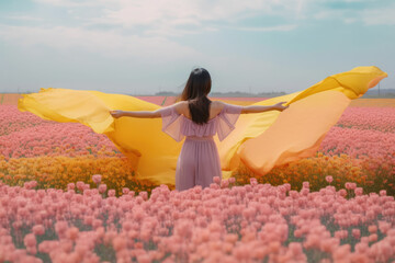 Wall Mural - Woman raise hand up and holding yellow cloth at flower garden on blue sky abstract background. Freedom and travel vacation concept. Generative ai