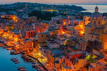 Wall Mural - Sunset view of Marina di Corricella at Italian island Procida